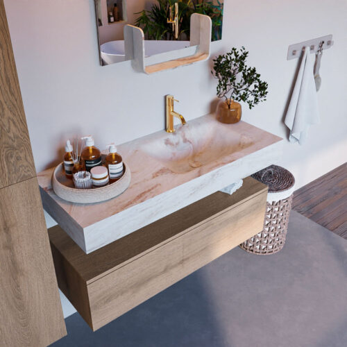 MONDIAZ ALAN-DLUX 110cm mueble de baño Washed Oak 1 cajón. Lavabo CLOUD Derecho 1 orificio color Frappe.