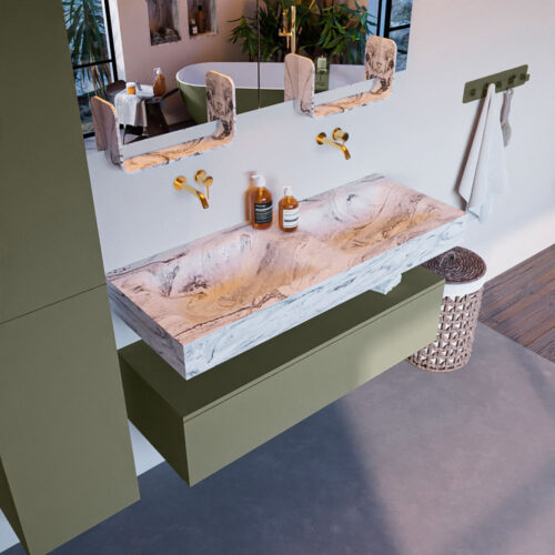 MONDIAZ ALAN-DLUX 120cm mueble de baño Army 1 cajón. Lavabo CLOUD Doble sin orificios color Glace.