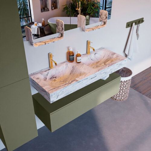 MONDIAZ ALAN-DLUX 120cm mueble de baño Army 1 cajón. Lavabo CLOUD Doble 2 orificios color Glace.