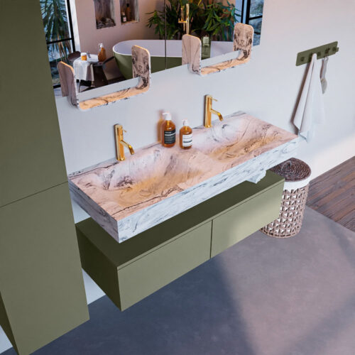 MONDIAZ ALAN-DLUX 120cm mueble de baño Army 2 cajones. Lavabo CLOUD Doble 2 orificios color Glace.