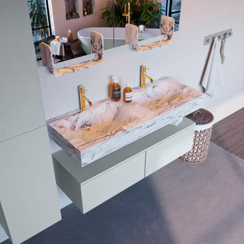 MONDIAZ ALAN-DLUX 120cm mueble de baño Clay 2 cajones. Lavabo CLOUD Doble 2 orificios color Glace.