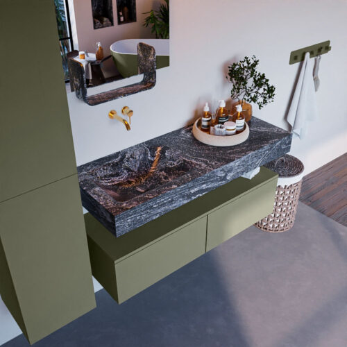 MONDIAZ ALAN-DLUX 120cm mueble de baño Army 2 cajones. Lavabo CLOUD Izquierda sin orificios color Lava.