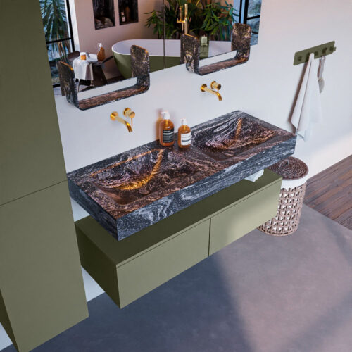 MONDIAZ ALAN-DLUX 120cm mueble de baño Army 2 cajones. Lavabo CLOUD Doble sin orificios color Lava.