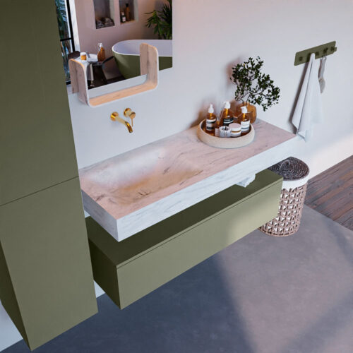 MONDIAZ ALAN-DLUX 120cm mueble de baño Army 1 cajón. Lavabo CLOUD Izquierda sin orificios color Opalo.