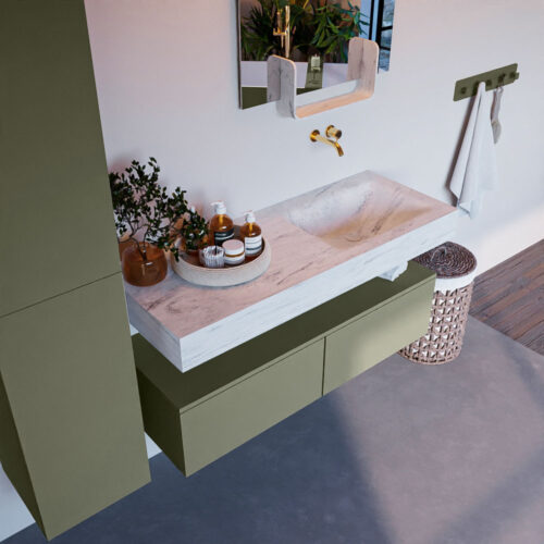 MONDIAZ ALAN-DLUX 120cm mueble de baño Army 2 cajones. Lavabo CLOUD Derecho sin orificios color Opalo.