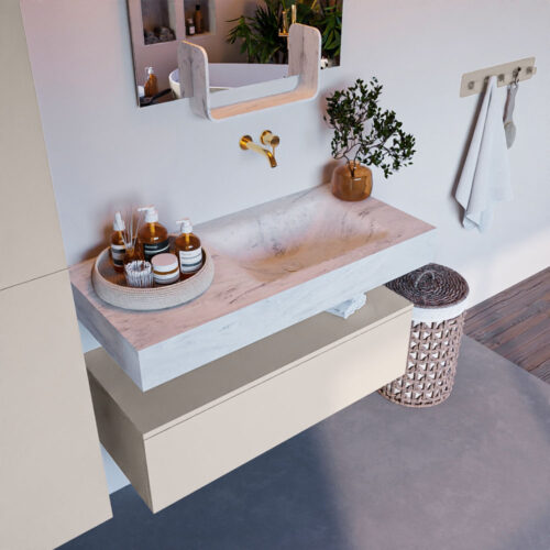 MONDIAZ ALAN-DLUX 100cm mueble de baño Linen 1 cajón. Lavabo CLOUD Derecho sin orificios color Opalo.