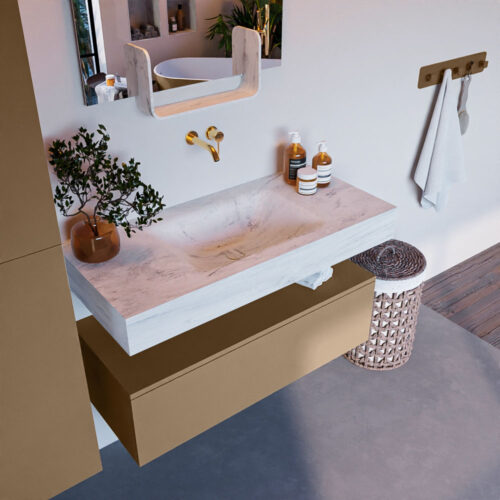 MONDIAZ ALAN-DLUX 100cm mueble de baño Oro 1 cajón. Lavabo CLOUD Centro sin orificios color Opalo.