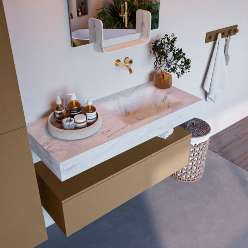 MONDIAZ ALAN-DLUX 110cm mueble de baño Oro 1 cajón. Lavabo CLOUD Derecho sin orificios color Opalo.