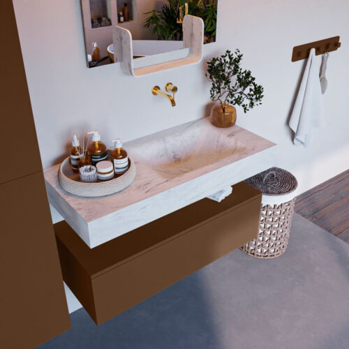 MONDIAZ ALAN-DLUX 100cm mueble de baño Rust 1 cajón. Lavabo CLOUD Derecho sin orificios color Opalo.