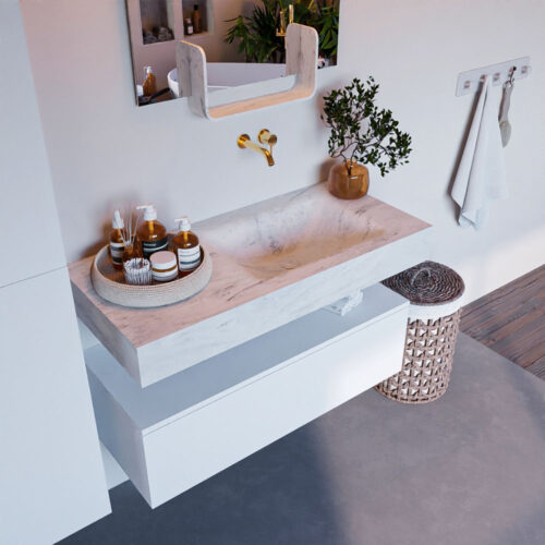 MONDIAZ ALAN-DLUX 100cm mueble de baño Talc 1 cajón. Lavabo CLOUD Derecho sin orificios color Opalo.