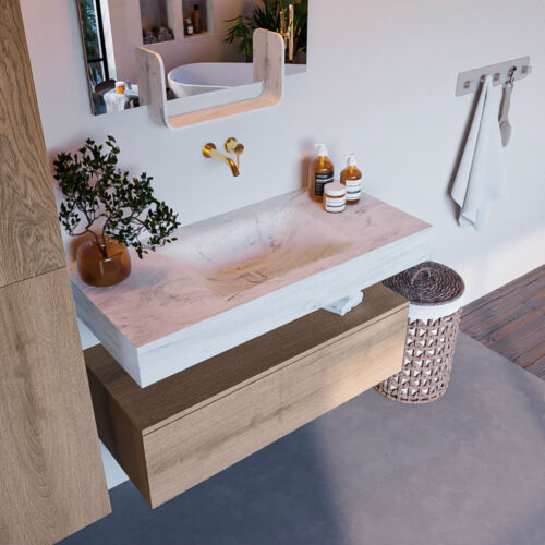 MONDIAZ ALAN-DLUX 100cm mueble de baño Washed Oak 1 cajón. Lavabo CLOUD Centro sin orificios color Opalo.