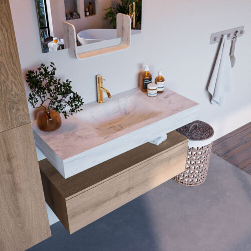 MONDIAZ ALAN-DLUX 100cm mueble de baño Washed Oak 1 cajón. Lavabo CLOUD Centro 1 orificio color Opalo.