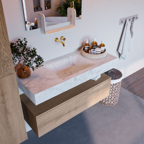 MONDIAZ ALAN-DLUX 110cm mueble de baño Washed Oak 1 cajón. Lavabo CLOUD Centro sin orificios color Opalo.