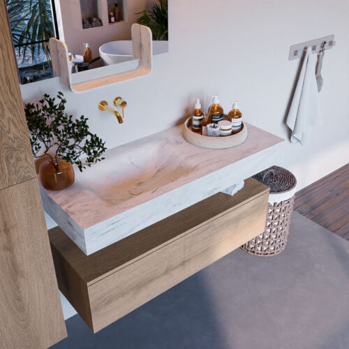 MONDIAZ ALAN-DLUX 110cm mueble de baño Washed Oak 1 cajón. Lavabo CLOUD Izquierda sin orificios color Opalo.