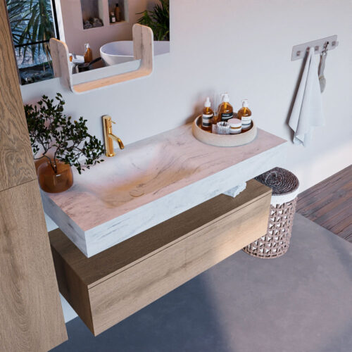 MONDIAZ ALAN-DLUX 110cm mueble de baño Washed Oak 1 cajón. Lavabo CLOUD Izquierda 1 orificio color Opalo.