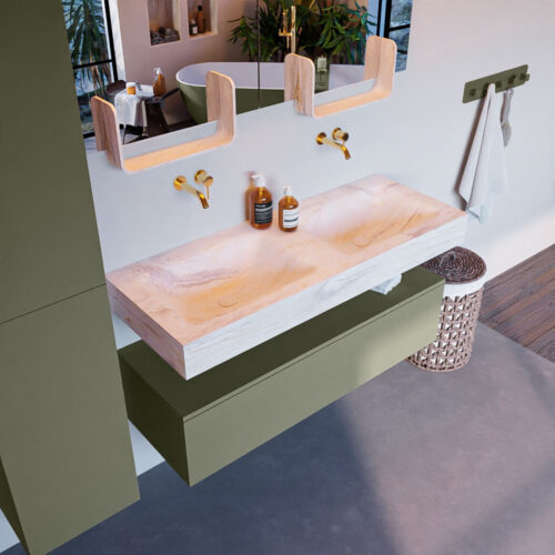 MONDIAZ ALAN-DLUX 120cm mueble de baño Army 1 cajón. Lavabo CLOUD Doble sin orificios color Ostra.