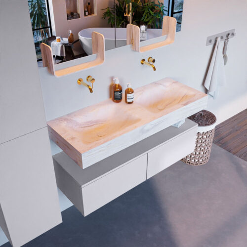 MONDIAZ ALAN-DLUX 120cm mueble de baño Cale 2 cajones. Lavabo CLOUD Doble sin orificios color Ostra.