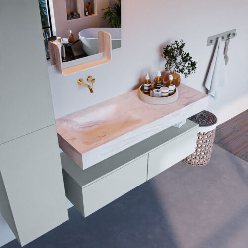 MONDIAZ ALAN-DLUX 120cm mueble de baño Clay 2 cajones. Lavabo CLOUD Izquierda sin orificios color Ostra.