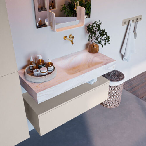 MONDIAZ ALAN-DLUX 100cm mueble de baño Linen 1 cajón. Lavabo CLOUD Derecho sin orificios color Ostra.