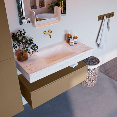 MONDIAZ ALAN-DLUX 100cm mueble de baño Oro 1 cajón. Lavabo CLOUD Centro sin orificios color Ostra.