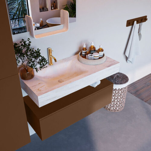 MONDIAZ ALAN-DLUX 100cm mueble de baño Rust 1 cajón. Lavabo CLOUD Izquierda 1 orificio color Ostra.