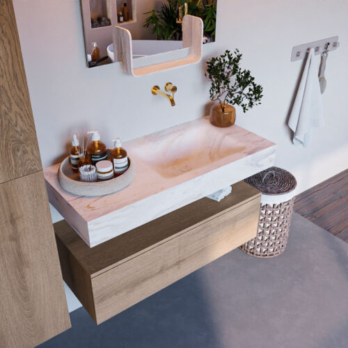 MONDIAZ ALAN-DLUX 100cm mueble de baño Washed Oak 1 cajón. Lavabo CLOUD Derecho sin orificios color Ostra.