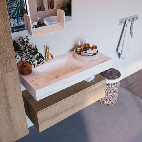 MONDIAZ ALAN-DLUX 100cm mueble de baño Washed Oak 1 cajón. Lavabo CLOUD Izquierda 1 orificio color Ostra.