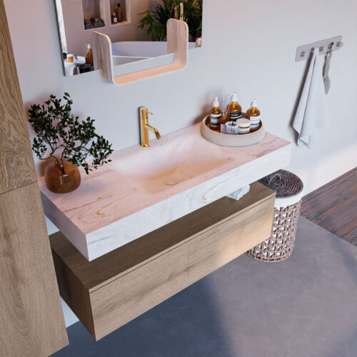 MONDIAZ ALAN-DLUX 110cm mueble de baño Washed Oak 1 cajón. Lavabo CLOUD Centro 1 orificio color Ostra.