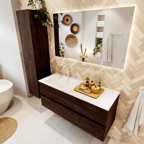 MONDIAZ VICA 120cm mueble de baño Dark Brown 2 cajones. Lavabo CLOUD Izquierda 1 orificio color Talc con espejo LED.