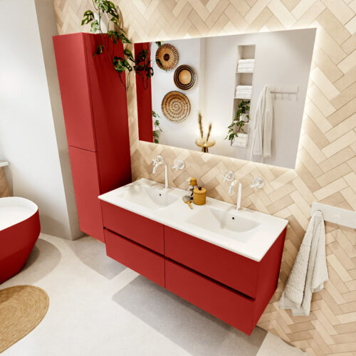 MONDIAZ VICA 120cm mueble de baño Fire 4 cajones. Lavabo DENIA Doble 2 orificios color Blanco brillo con espejo LED.