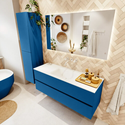 MONDIAZ VICA 130cm mueble de baño Jeans 2 cajones. Lavabo CLOUD Centro sin orificio color Talc con espejo LED.