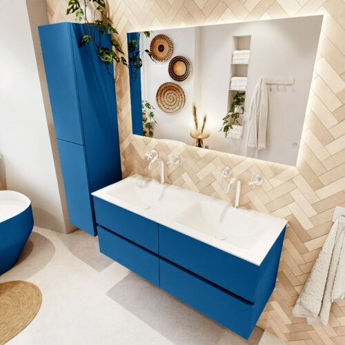 MONDIAZ VICA 120cm mueble de baño Jeans 4 cajones. Lavabo CLOUD Doble 2 orificios color Talc con espejo LED.