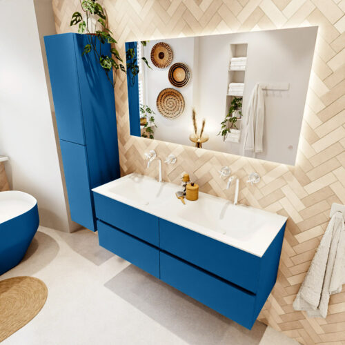 MONDIAZ VICA 130cm mueble de baño Jeans 4 cajones. Lavabo CLOUD Doble 2 orificios color Talc con espejo LED.