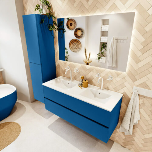 MONDIAZ VICA 120cm mueble de baño Jeans 2 cajones. Lavabo DENIA Doble 2 orificios color Blanco brillo con espejo LED.