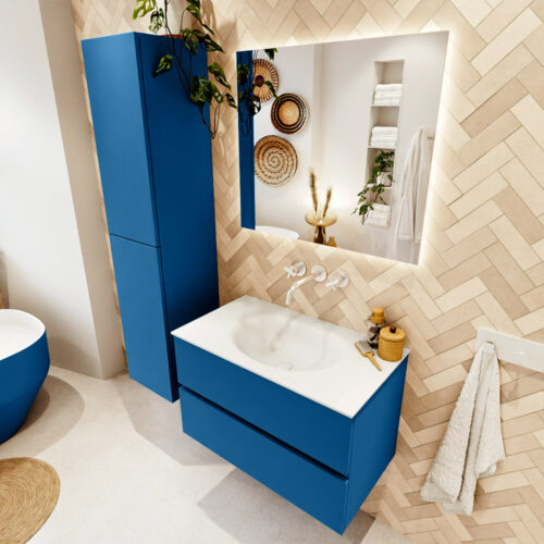 MONDIAZ VICA 80cm mueble de baño Jeans 2 cajones. Lavabo MOON Centro sin orificio color Talc con espejo LED.