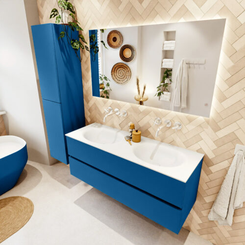 MONDIAZ VICA 130cm mueble de baño Jeans 2 cajones. Lavabo MOON Doble sin orificio color Talc con espejo LED.