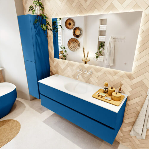 MONDIAZ VICA 140cm mueble de baño Jeans 2 cajones. Lavabo MOON Centro sin orificio color Talc con espejo LED.