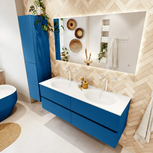 MONDIAZ VICA 140cm mueble de baño Jeans 4 cajones. Lavabo MOON Doble 2 orificios color Talc con espejo LED.