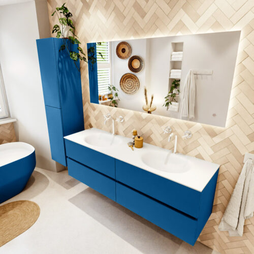 MONDIAZ VICA 160cm mueble de baño Jeans 4 cajones. Lavabo MOON Doble 2 orificios color Talc con espejo LED.