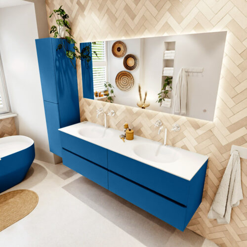 MONDIAZ VICA 170cm mueble de baño Jeans 4 cajones. Lavabo MOON Doble 2 orificios color Talc con espejo LED.