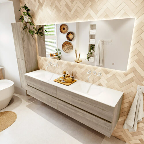 MONDIAZ VICA 200cm mueble de baño Light Brown Grey 4 cajones. Lavabo CLOUD Doble sin orificio color Talc con espejo LED.