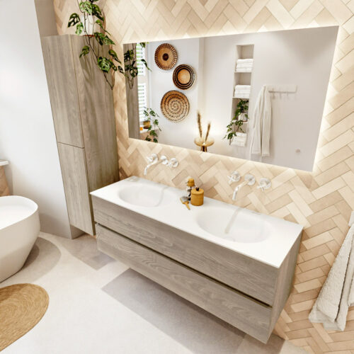 MONDIAZ VICA 140cm mueble de baño Light Brown Grey 2 cajones. Lavabo MOON Doble sin orificio color Talc con espejo LED.