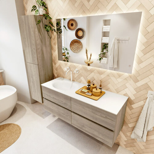 MONDIAZ VICA 130cm mueble de baño Light Brown Grey 4 cajones. Lavabo MOON Izquierda 1 orificio color Talc con espejo LED.