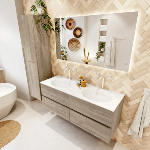 MONDIAZ VICA 130cm mueble de baño Light Brown Grey 4 cajones. Lavabo MOON Doble 2 orificios color Talc con espejo LED.