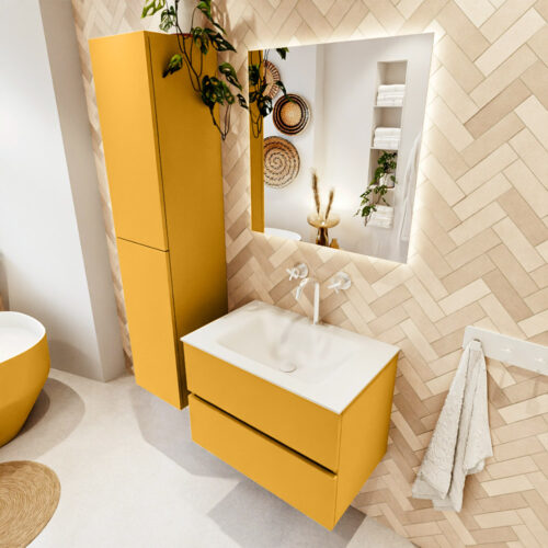 MONDIAZ VICA 70cm mueble de baño Ocher 2 cajones. Lavabo CLOUD Centro 1 orificio color Talc con espejo LED.