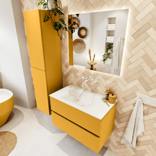 MONDIAZ VICA 80cm mueble de baño Ocher 2 cajones. Lavabo CLOUD Centro sin orificio color Talc con espejo LED.