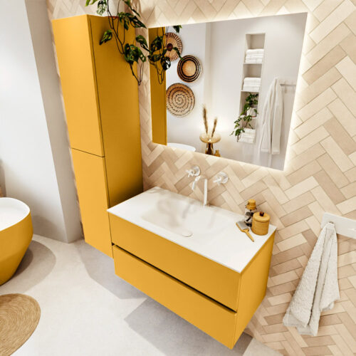 MONDIAZ VICA 90cm mueble de baño Ocher 2 cajones. Lavabo CLOUD Centro 1 orificio color Talc con espejo LED.