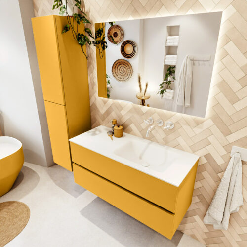 MONDIAZ VICA 110cm mueble de baño Ocher 2 cajones. Lavabo CLOUD Derecho sin orificio color Talc con espejo LED.