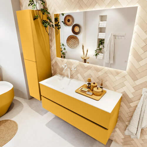 MONDIAZ VICA 120cm mueble de baño Ocher 2 cajones. Lavabo CLOUD Izquierda 1 orificio color Talc con espejo LED.