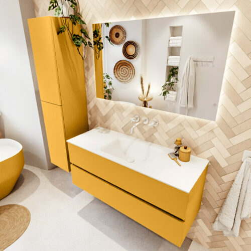 MONDIAZ VICA 120cm mueble de baño Ocher 2 cajones. Lavabo CLOUD Centro sin orificio color Talc con espejo LED.